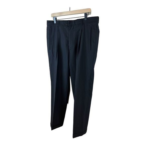 HUGO BOSS Men’s 40S Black / Purple Stripe Wool Suit Flat Front 36 x 30 - Picture 7 of 15